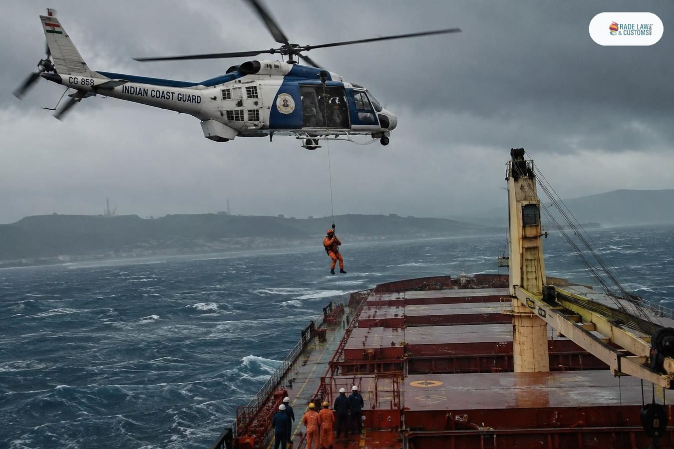 Helicóptero de la Guardia Costera de India en rescate sobre granelero varado frente a Andhra Pradesh